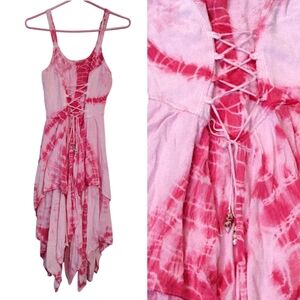 VTG Y2K Pink Tie Dye Lace Up Pixie Handkerchief Fairy Dress Free Size XS- L